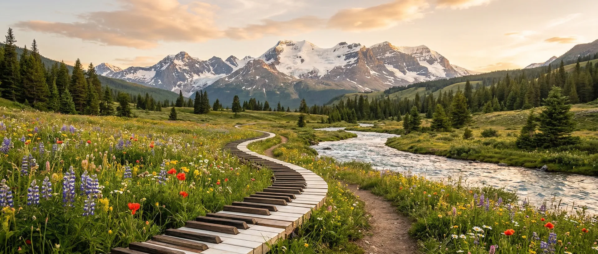 Piano keys with river and mountains