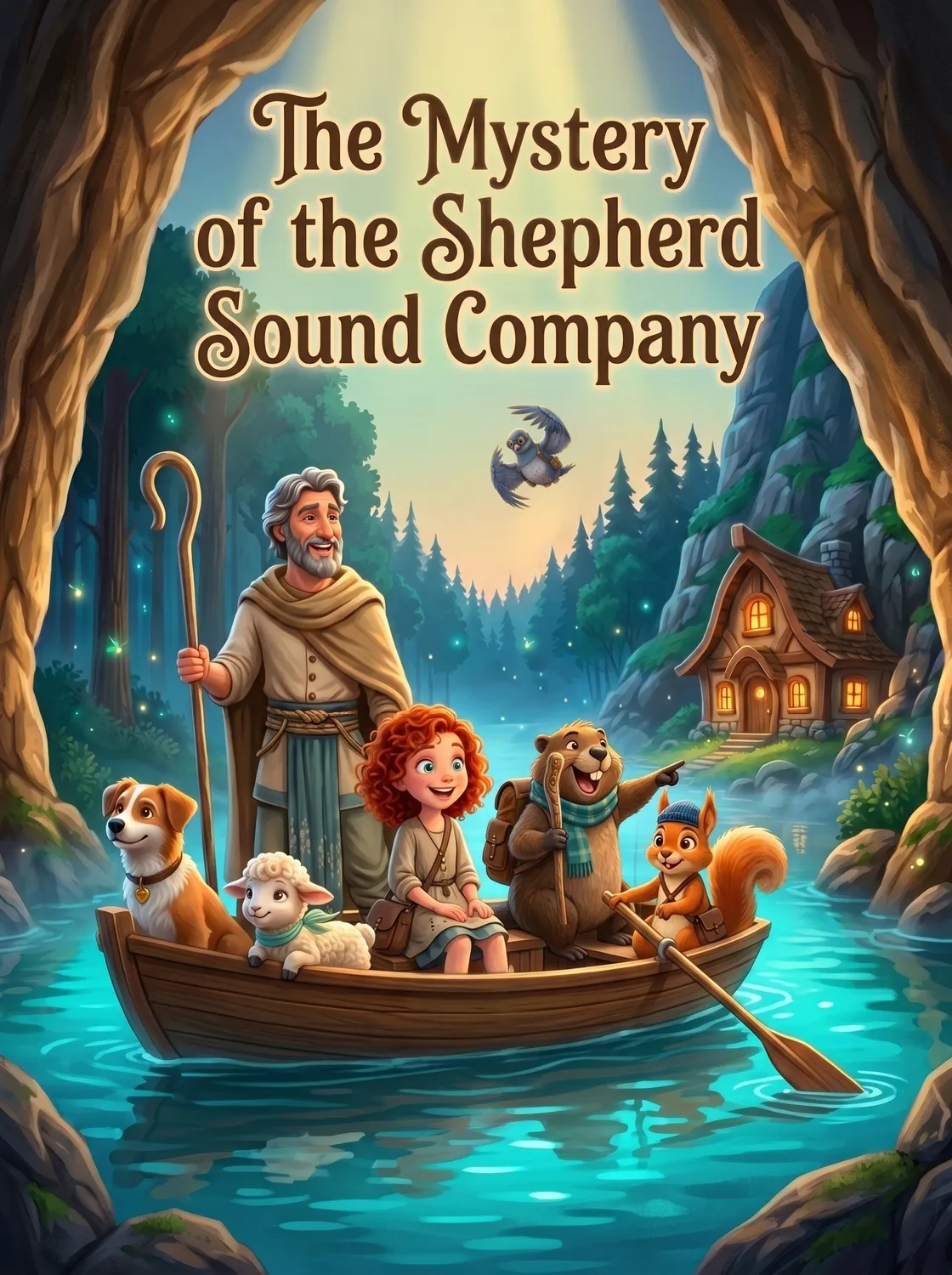 The cover of The Mystery of the Shepherd Sound Company: Nancy, the Shepherd and their friends rowing home across a lake at evening