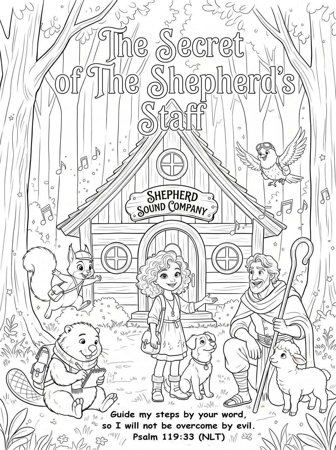 Book 1, page 1: the Shepherd Sound Company’s little cabin in the woods, a black-and-white coloring page